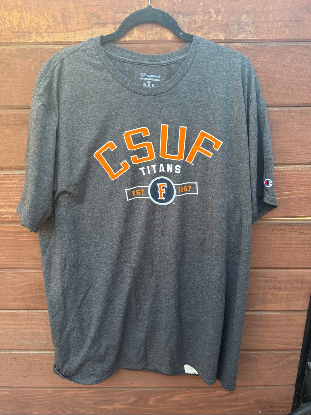 Champion CSUF Titans Charcoal Gray T-Shirt with Orange and White Logo